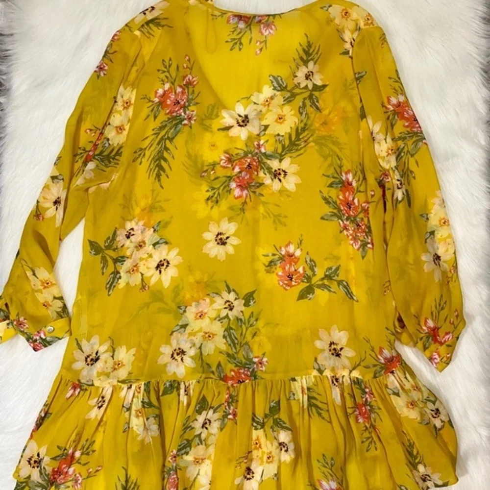 Zara Boho Blouse Oversized Floral Sheer Chiffon Yellow Top V-neck - Picture 2 of 10